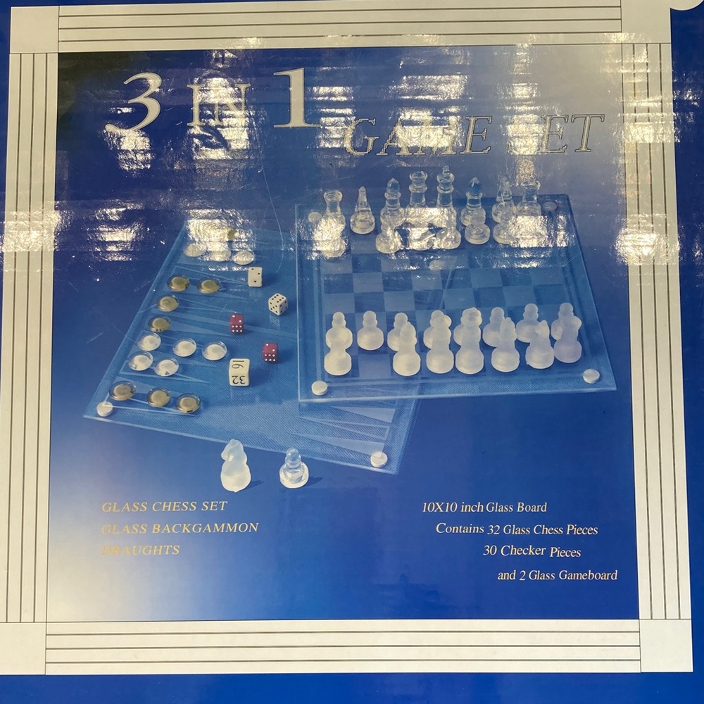 3-in-1 Glass Game Set - Chess, Backgammon, and Draughts